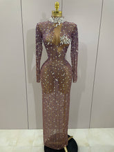 Shining Rhinestones Sexy Mesh See Through Long Dress Women Birthday Celebrate Evening Singer Show Stage Wear Photo Shoot Dress